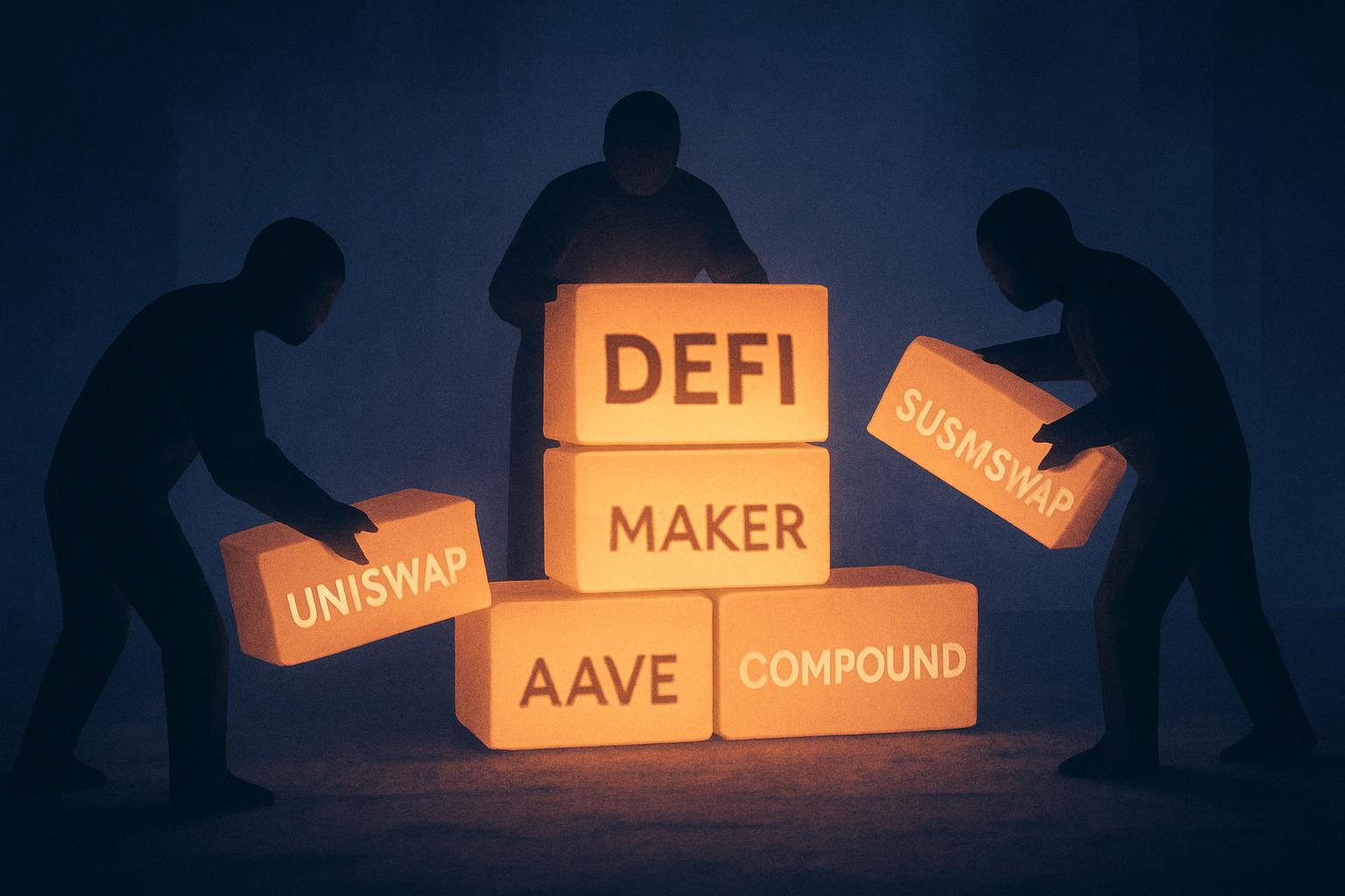 A depiction of the rise of DeFi in 2019, with foundational blocks of protocols being built during the bear market.