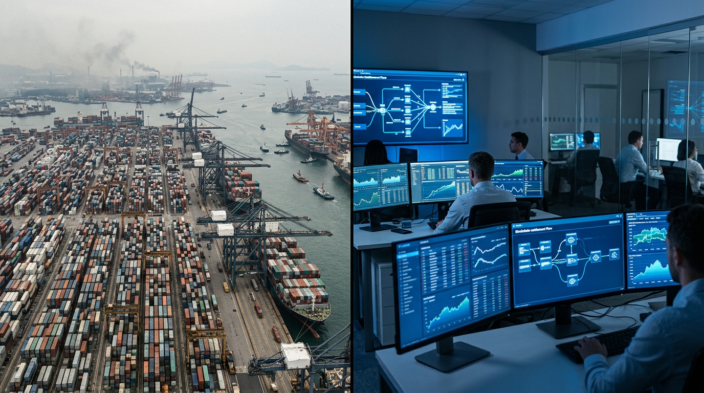 Split view of congested shipping port versus modern fintech office with transaction dashboards, contrasting disrupted trade routes with digital settlement