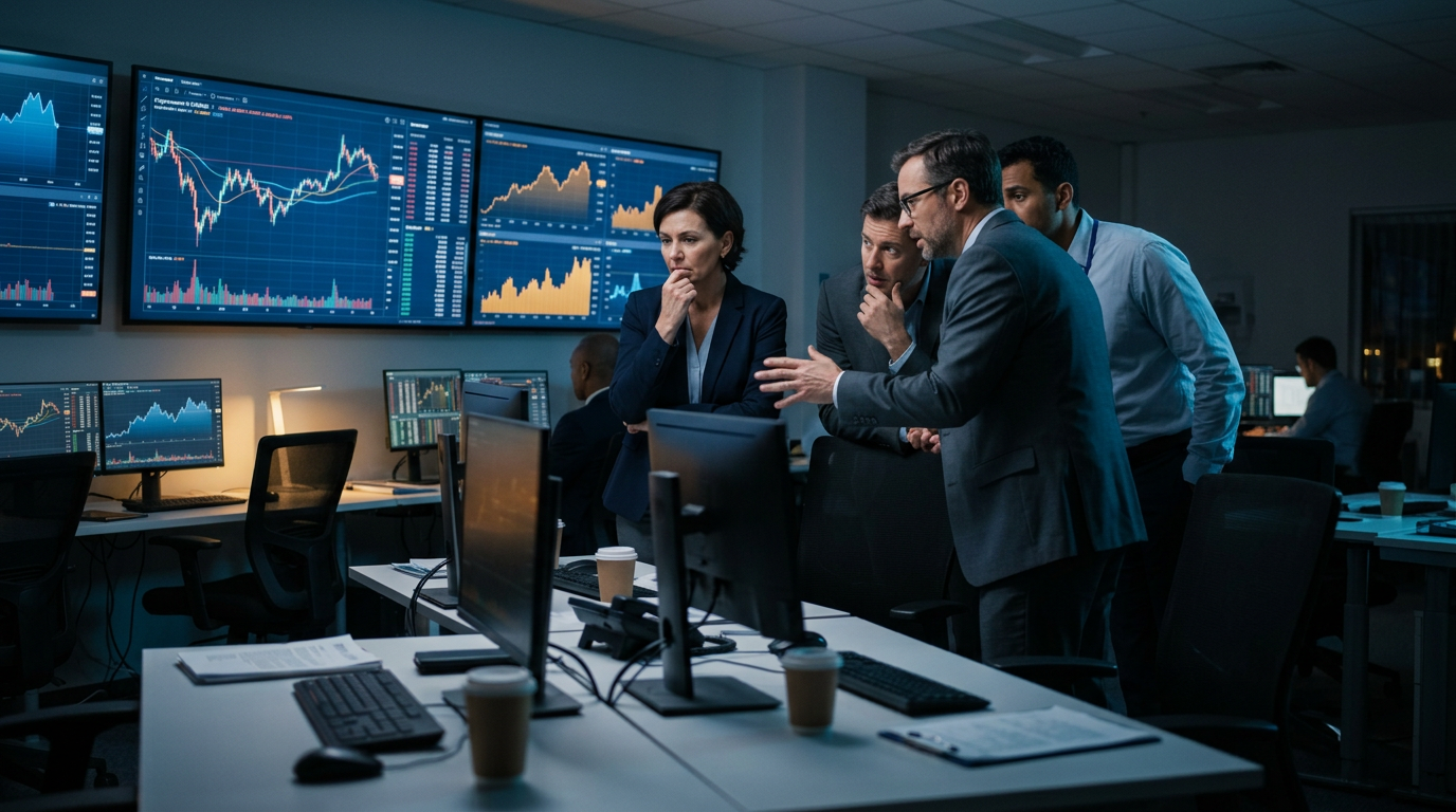 Financial operations center with officials monitoring cryptocurrency and currency data on large screens during a crisis