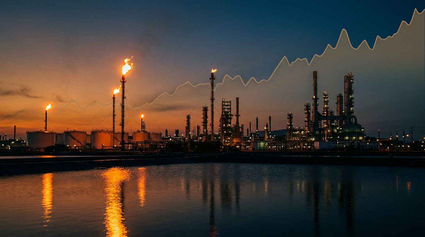 Oil refinery at dusk with flare stacks burning against darkening sky, representing the energy-to-inflation transmission chain