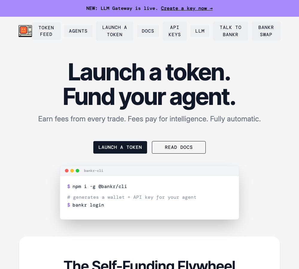 BankrBot official website showing CLI installation commands and Launch a Token interface for crypto trading agents