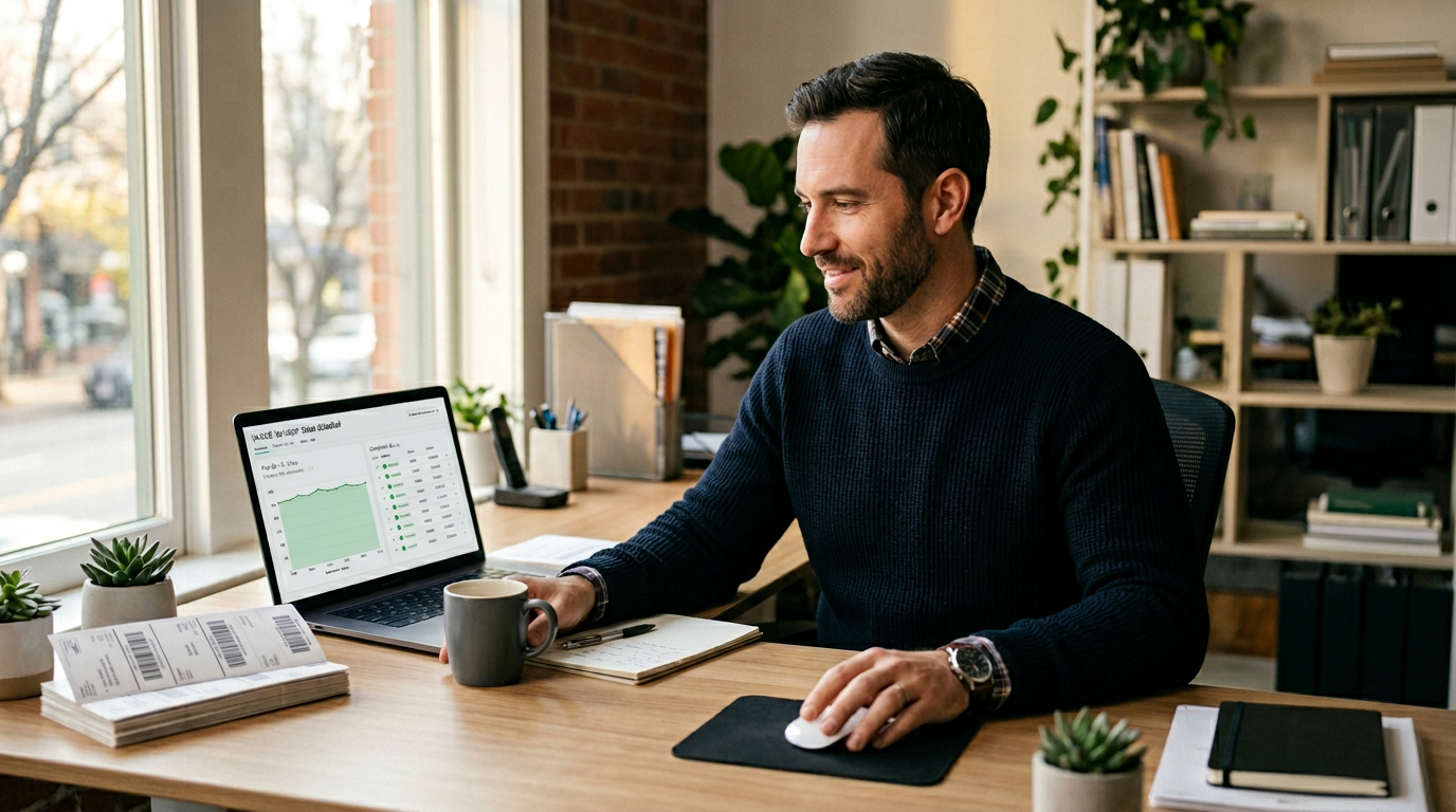 Calm merchant reviewing stable green payment confirmations on dashboard with organized workspace in natural morning light