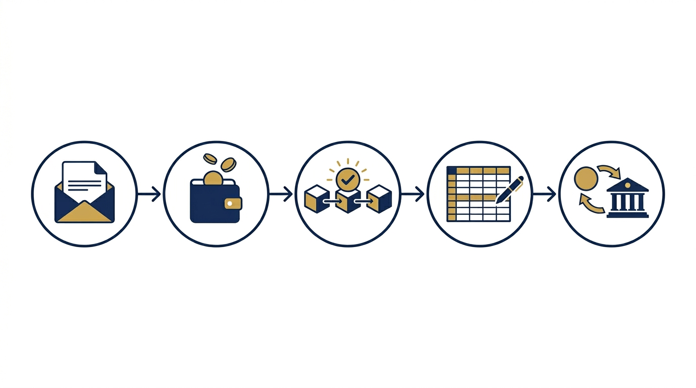 Five-step freelancer crypto payment flow from invoice to bank withdrawal