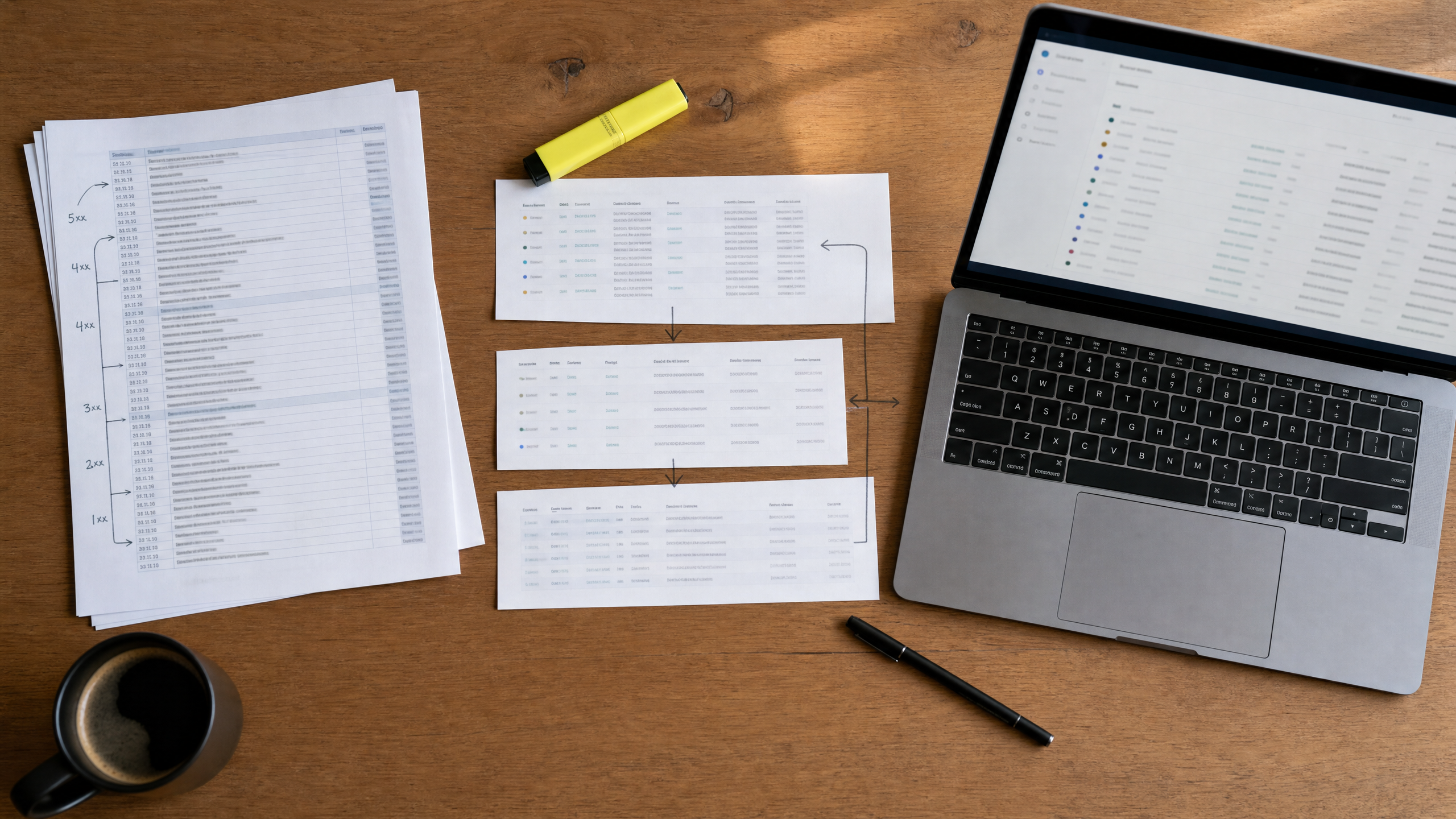 Chart of accounts and three-way reconciliation worksheet on a finance professional's desk