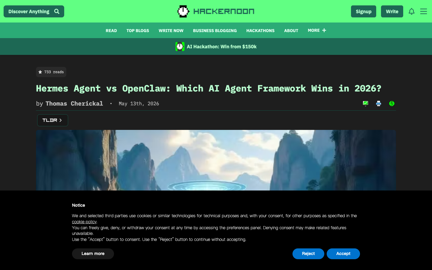 HackerNoon article comparing Hermes Agent and OpenClaw AI agent frameworks in 2026, showing feature and security analysis