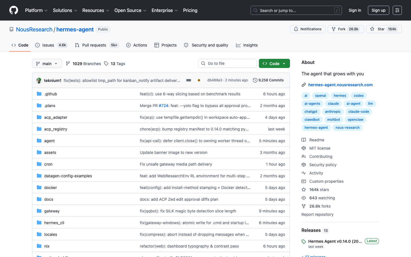 Hermes Agent GitHub repository by Nous Research showing 164,000 stars, open-source MIT license, and self-improving AI agent architecture