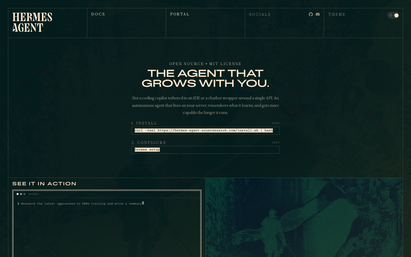 Hermes Agent official website by Nous Research showing the self-improving AI agent with persistent memory and auto-generated skills