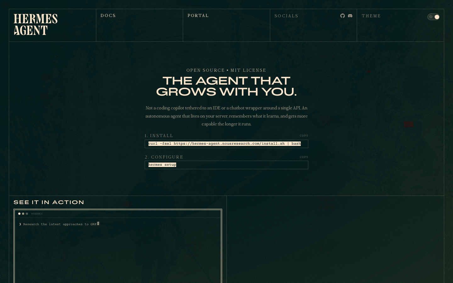 Hermes Agent official website by Nous Research showing the autonomous agent platform with persistent memory and self-improving capabilities