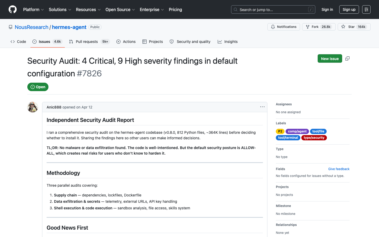 GitHub issue #7826: independent security audit of Hermes Agent v0.8.0 by Anic888, showing 4 Critical, 9 High, 9 Medium findings