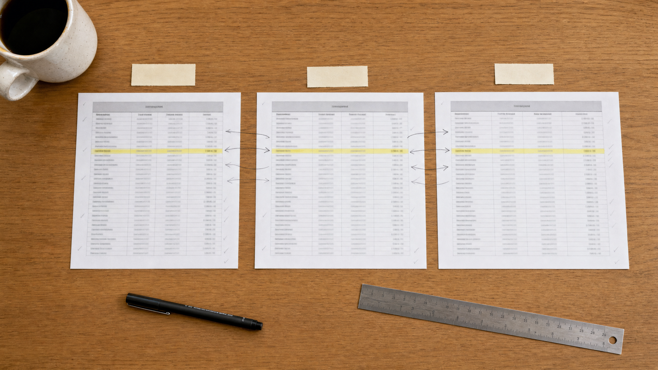 Three-way reconciliation flat-lay: on-chain history, gateway export, and general ledger printouts matched side by side