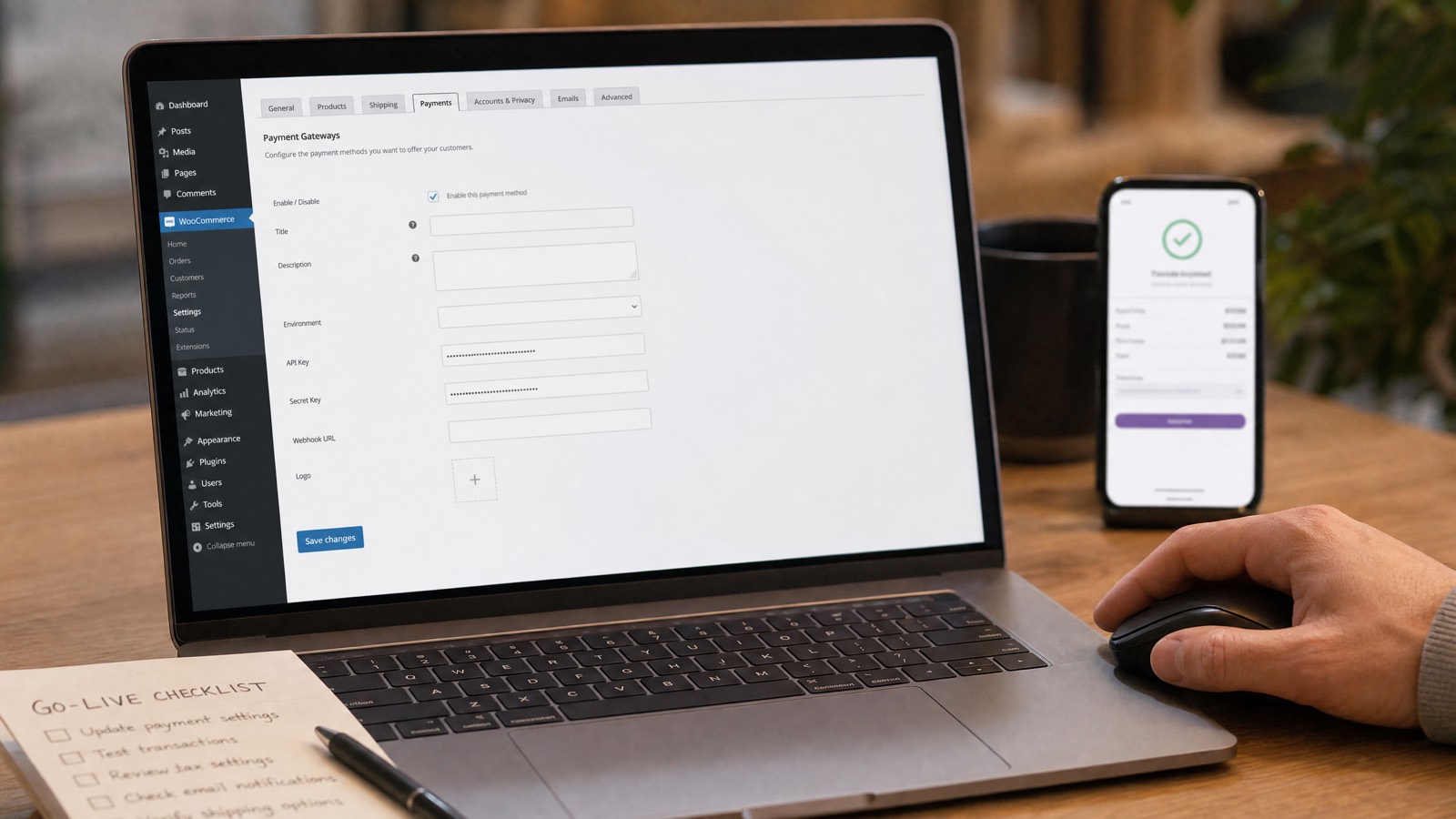Configuring the Aurpay gateway in WooCommerce settings and running a test order