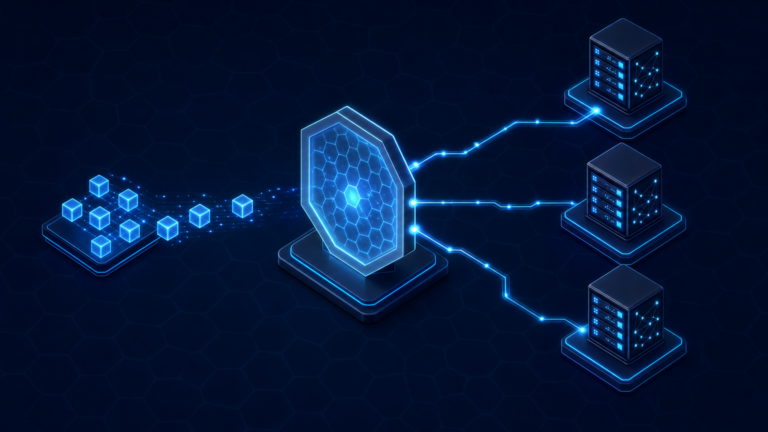 Abstract isometric illustration of an application reaching blockchain nodes through an RPC gateway