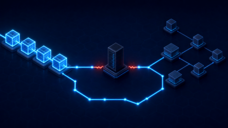 Abstract isometric illustration of a blockchain path continuing around a failed RPC server