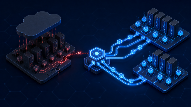 Abstract isometric illustration of a failed cloud region routing traffic to healthy server clusters